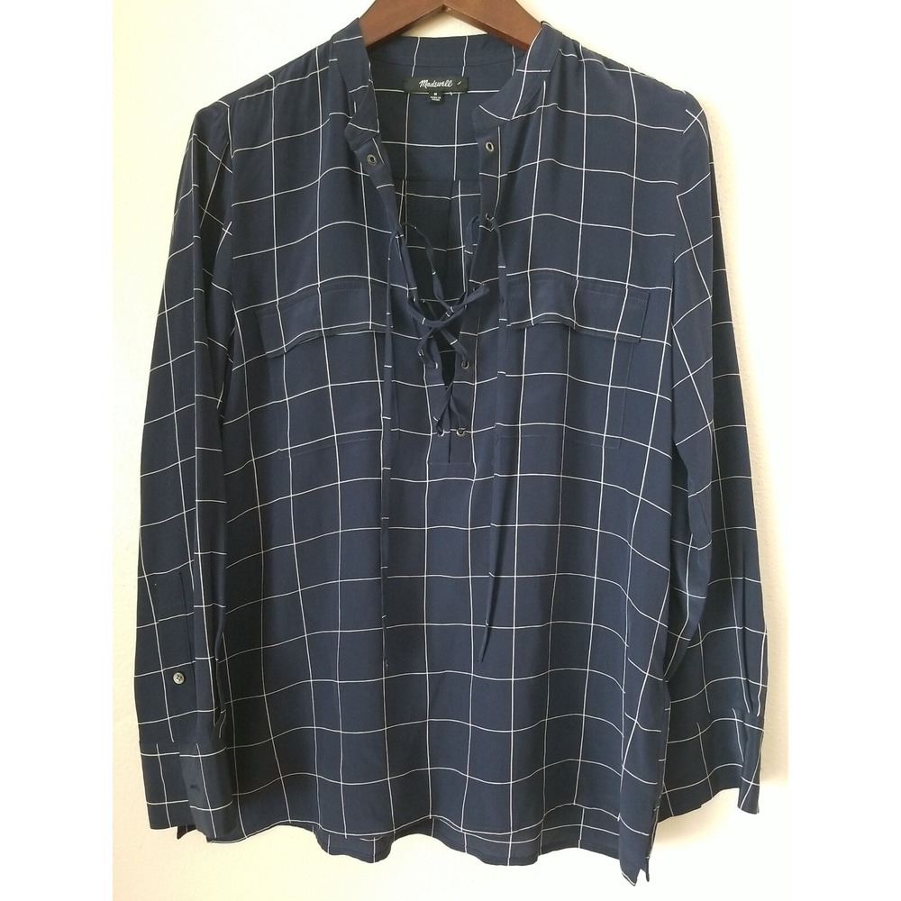 MADEWELL Women's Long Sleeve Blue White Windowpane Print Lace Up Blouse Size M